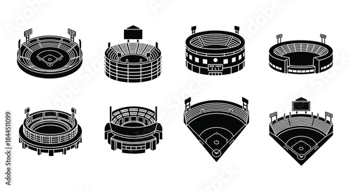 Detailed illustrations of various baseball stadium designs in monochrome style