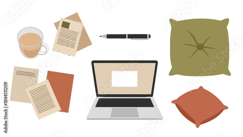 Cozy workspace with laptop, cushions, and coffee for a relaxed home office vibe