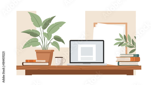 Cozy home office with laptop and plants in modern flat design
