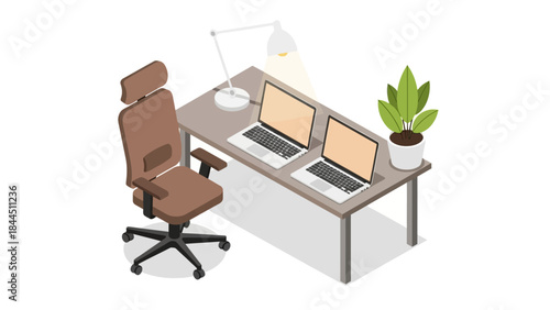 Modern home office setup with dual laptops and ergonomic chair in isometric design
