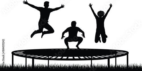 People jumping on trampoline silhouettes showing fun outdoor recreation energy and active lifestyle isolated on white background illustration