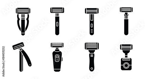 Collection of various black silhouette razor illustrations for shaving and grooming