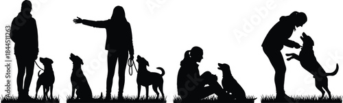 People with dogs silhouettes showing walking training playing and bonding outdoor pet care activities isolated on white background illustration