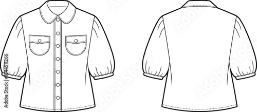 Front and back view of a white collared shirt with puffed sleeves blouse clothing