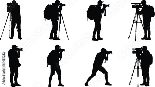 Photographer and Videographer Silhouette Set Showing Professional Camera Operators with Tripods, Backpacks, and Action Shooting Poses Isolated on White Background