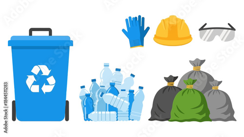 Recycling waste management icons: trash bin, bottles, gloves, helmet, glasses