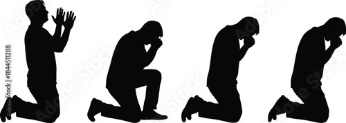 Praying man silhouettes in different kneeling poses expressing faith spirituality hope and devotion isolated on white background illustration