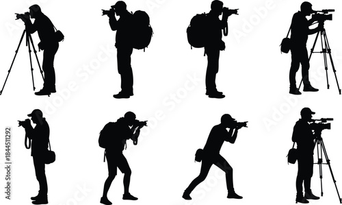 Photographer and Videographer Silhouette Collection Showing Professional Camera Operators Shooting Photos and Videos with Tripods and Backpacks Isolated on White Background