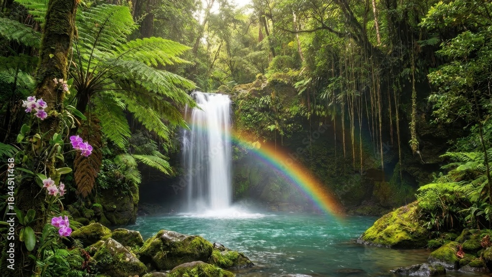 Obraz premium Lush Green Tropical Rainforest Waterfall With A Vibrant Rainbow Over Turquoise Water Surrounded By Exotic Flora