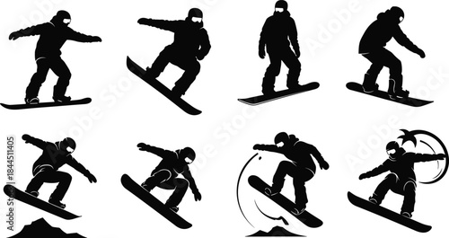 Snowboarder Silhouette Action Set Showing Winter Sports Tricks, Jumps, and Dynamic Snowboarding Poses Isolated on White Background for Creative Design Use