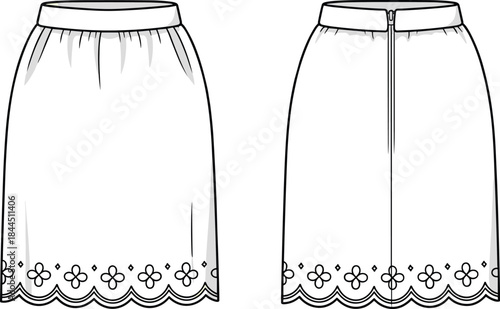 Front and back view of a white skirt with decorative hem on white background clothing fashion