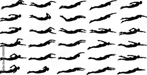 Swimming Silhouette Collection Showing Male and Female Swimmers in Freestyle Positions Representing Aquatic Sport, Fitness Training, and Competitive Swimming Motion