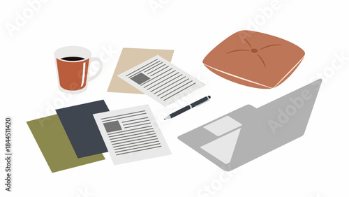 Flat lay office workspace with laptop, coffee, pen, and documents