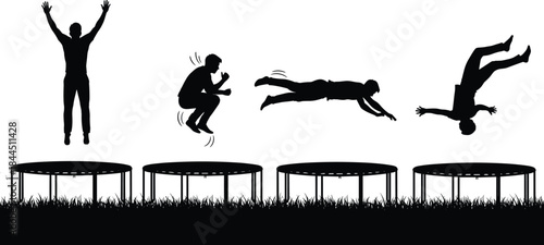 Trampoline Jumping Silhouette Sequence Showing Aerial Flips, Dynamic Motion, Fitness Training, and Playful Outdoor Recreation Isolated on White Background