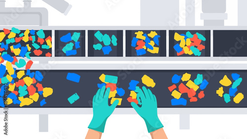 Sorting conveyor with colorful plastic pieces and gloved hands