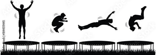 Trampoline jumping silhouette sequence showing athletic man performing flips and jumps isolated on white background for sport and fitness concepts