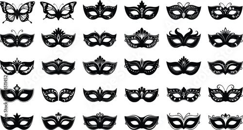 Venetian Carnival Mask Silhouette Collection Featuring Elegant Masquerade Designs, Decorative Shapes, and Ornamental Party Masks Isolated on White Background