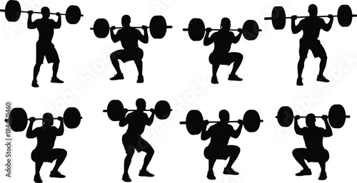 Weightlifting Squat Exercise Silhouette Sequence Showing Barbell Training, Strength Workout Technique, and Athletic Fitness Movements Isolated on White Background