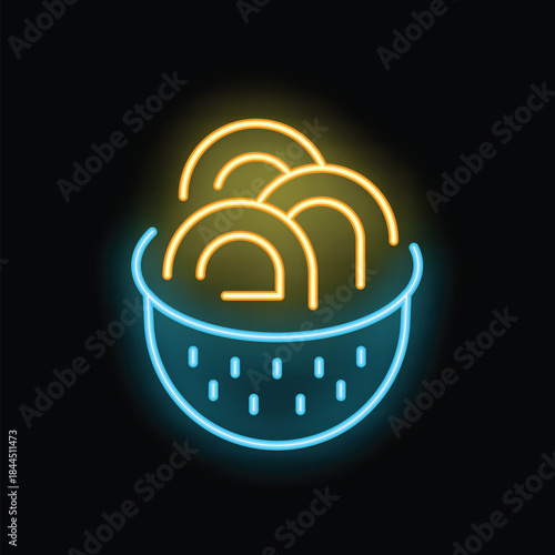 Neon sign depicting a bowl of steaming hot noodles, perfect for a restaurant or food blog