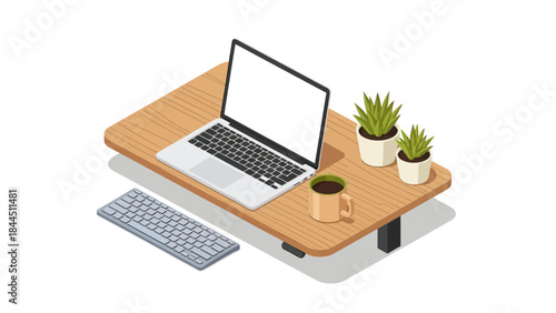 Modern work desk with laptop, plants, and coffee mug in isometric style