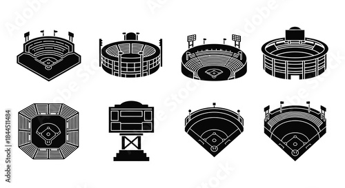 Detailed illustrations of various baseball stadium designs in monochrome style