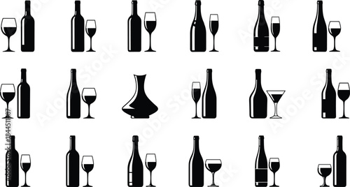 Wine Bottle and Glass Silhouette Icon Set Featuring Elegant Alcohol Beverage Symbols for Restaurant, Bar, Winery, and Hospitality Design Isolated on White Background