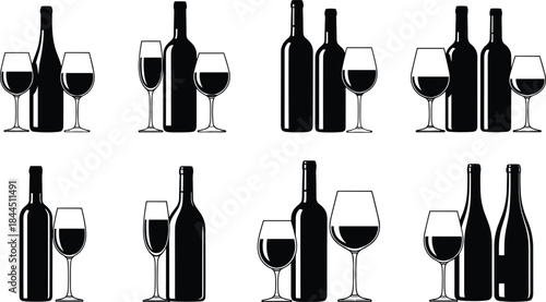 Wine Bottle and Glass Silhouette Collection Showing Elegant Alcohol Beverage Icons for Restaurant, Bar, Winery, and Celebration Design Isolated on White Background