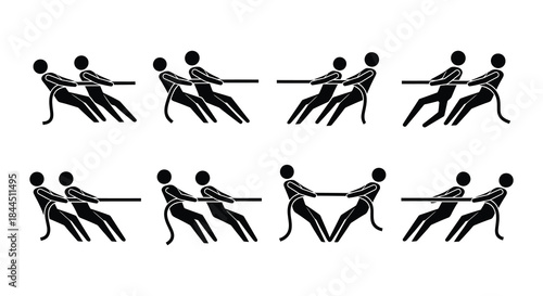 People pulling a rope in various stages of motion depicted in black silhouettes