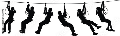 Zipline Adventure Silhouette Collection Showing People Sliding on Rope Lines Representing Outdoor Recreation, Team Activity, and Extreme Sport Experience Isolated on White Background