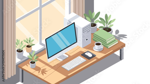 Modern isometric office workspace with computer, plants, and coffee cup