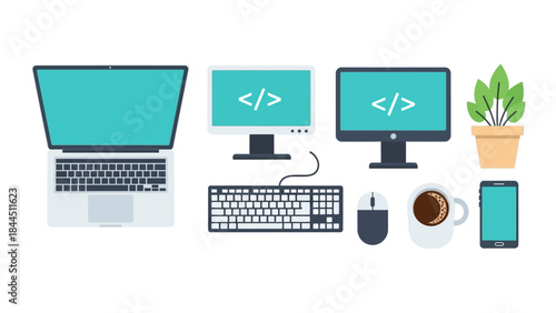 Flat office workspace with computer monitors, laptop, and coffee cup in minimalist design