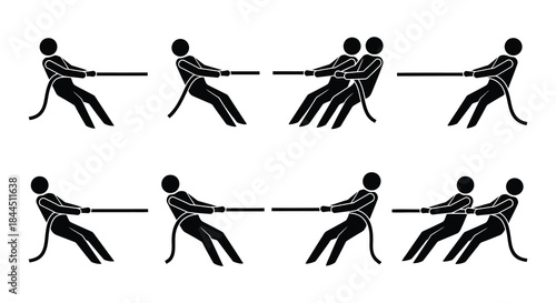 People pulling a rope in various stages of motion depicted in black silhouettes