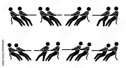 People pulling a rope in various stages of motion depicted in black silhouettes