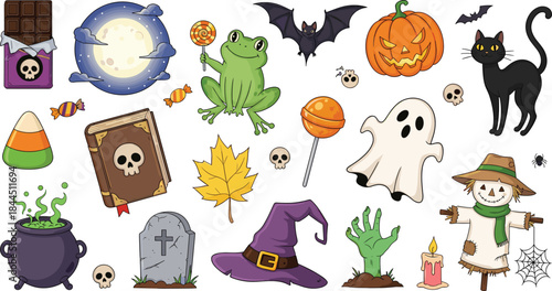 Cute Halloween illustration set with ghost, pumpkin, witch hat, spooky symbols and autumn elements, playful cartoon vector collection for holiday design and party decor