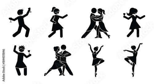 Silhouette collection of people dancing in various joyful poses and outfits