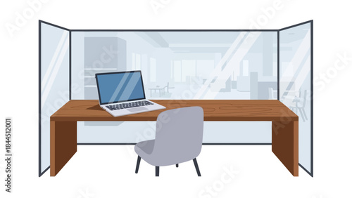 Modern office workspace with laptop and chair in room divider setup