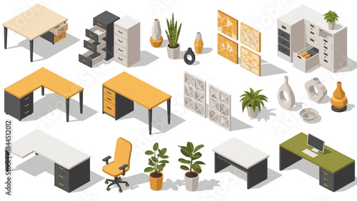 Modern office furniture and decor set in isometric style