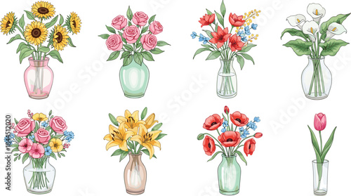 Elegant flower bouquet illustration set in glass vases with roses, lilies and sunflowers, watercolor style vector collection for floral decor and wedding design