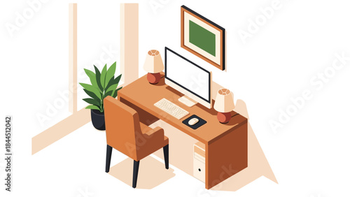 Elegant home office workspace with isometric desk setup and computer