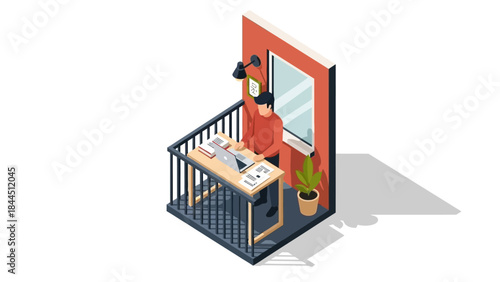 Isometric home office on balcony with laptop and coffee in open air workspace