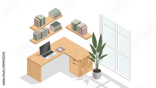 Home office workspace with laptop and bookshelf in bright isometric design