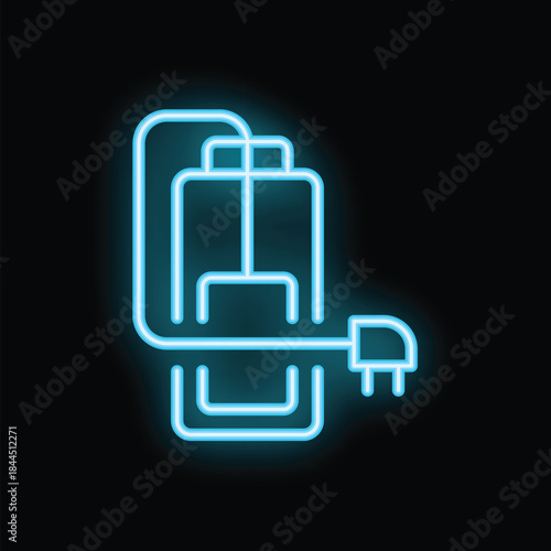 Power bank charging, glowing neon blue icon of portable charger with cable and plug on black background