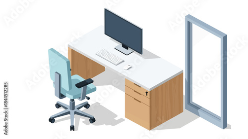 Isometric office setup with desk, chair, computer, and window