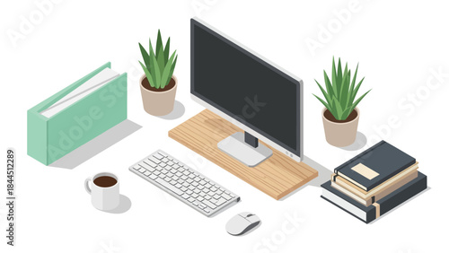 Modern isometric workspace with computer, keyboard, plants, and books