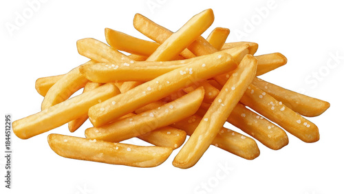 A pile of salty golden french fries against a white background