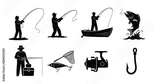 Black silhouettes depicting various fishing activities and related equipment