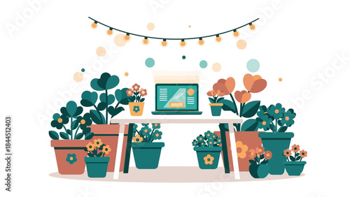 Cozy home office desk surrounded by indoor plants in a flat design