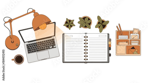 Modern workspace with laptop, open planner, and desk organization in flat design