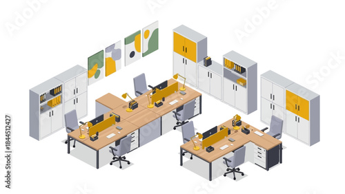 Modern office workspace with isometric desk and storage solutions
