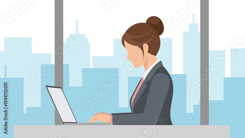 Businesswoman working at desk with cityscape background in office setting